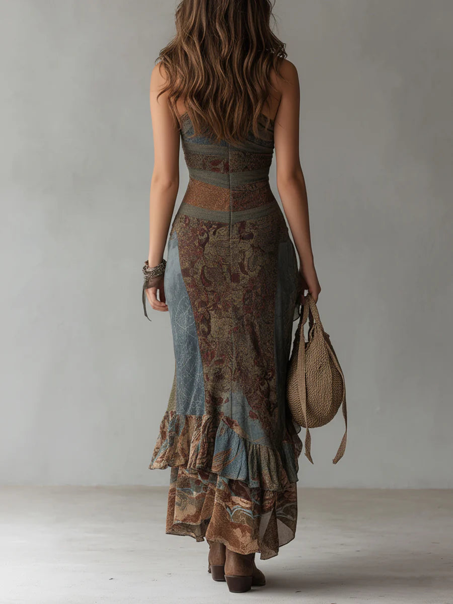 Elena ∙ Vestido largo de un solo hombro estampado de estilo étnico con abertura alta