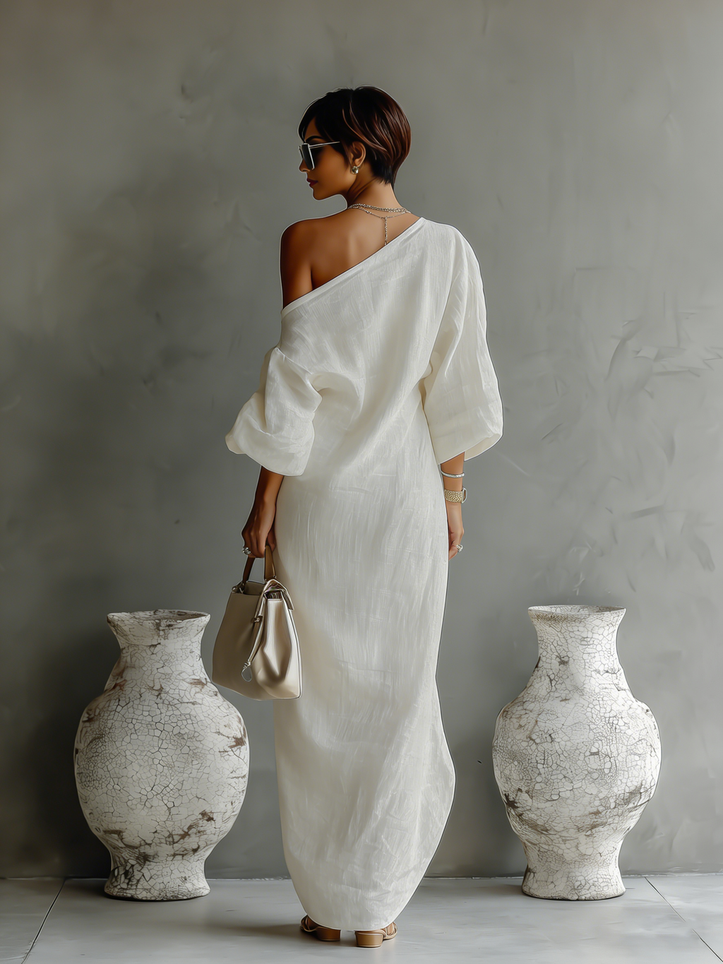 Vestido Elegante y Fluido de Algodón y Lino en Blanco Marfil con Hombros Descubiertos