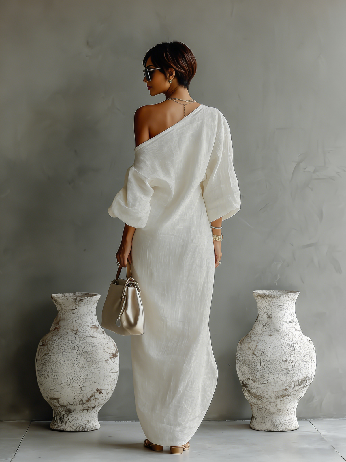 Vestido Elegante y Fluido de Algodón y Lino en Blanco Marfil con Hombros Descubiertos
