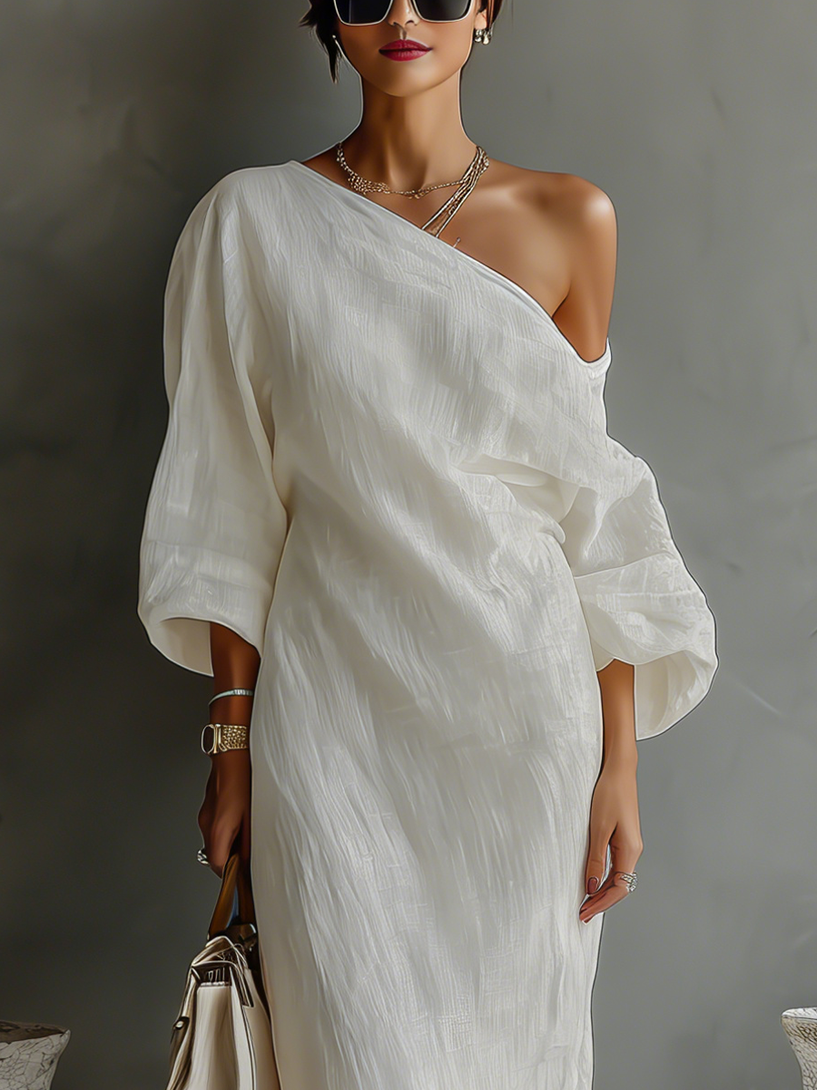 Vestido Elegante y Fluido de Algodón y Lino en Blanco Marfil con Hombros Descubiertos