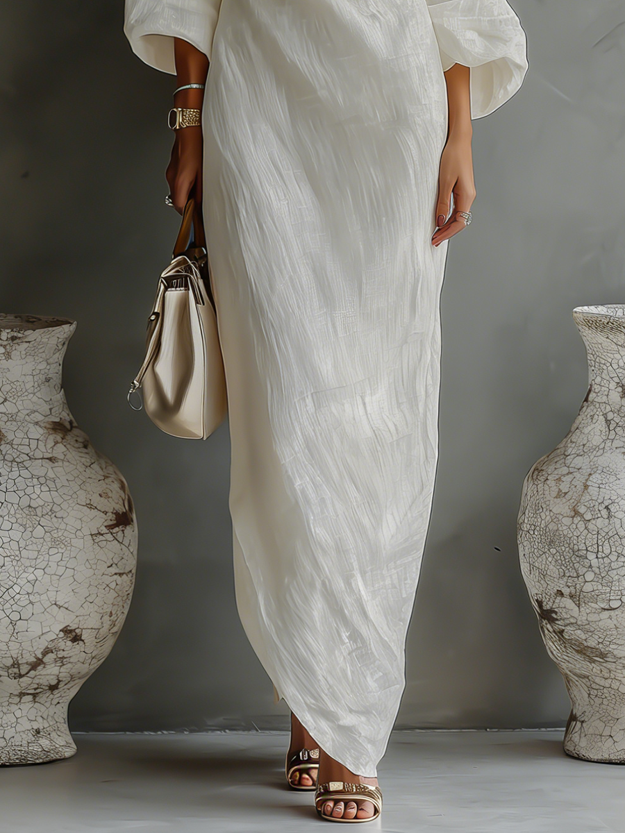 Vestido Elegante y Fluido de Algodón y Lino en Blanco Marfil con Hombros Descubiertos