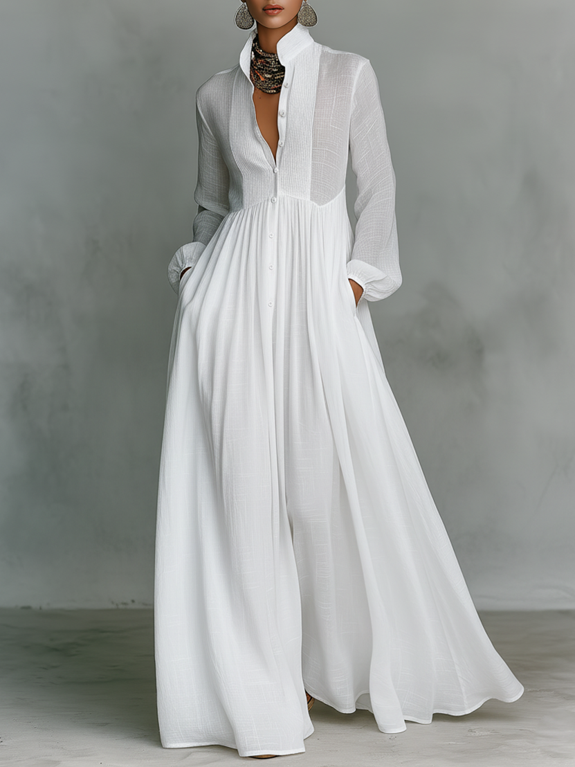 Vestido Maxi Minimalista de Algodón y Lino con Patchwork, Cuello Alto y Mangas Largas