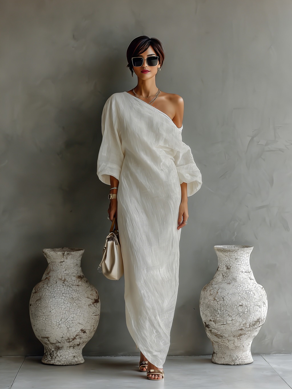 Vestido Elegante y Fluido de Algodón y Lino en Blanco Marfil con Hombros Descubiertos