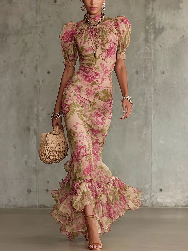 Vestido Maxi Rosa de Estilo Vintage con Mangas Abullonadas y Falda de Sirena para Mujer
