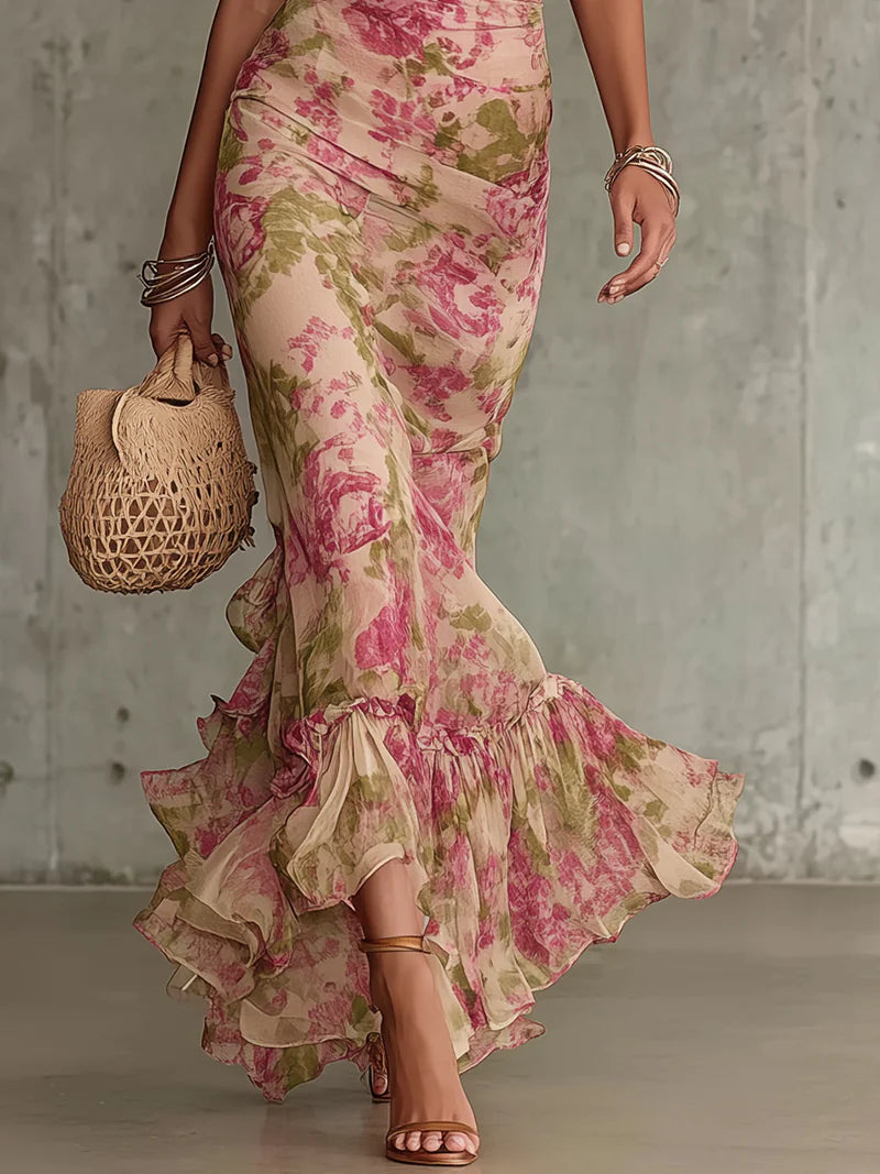 Vestido Maxi Rosa de Estilo Vintage con Mangas Abullonadas y Falda de Sirena para Mujer