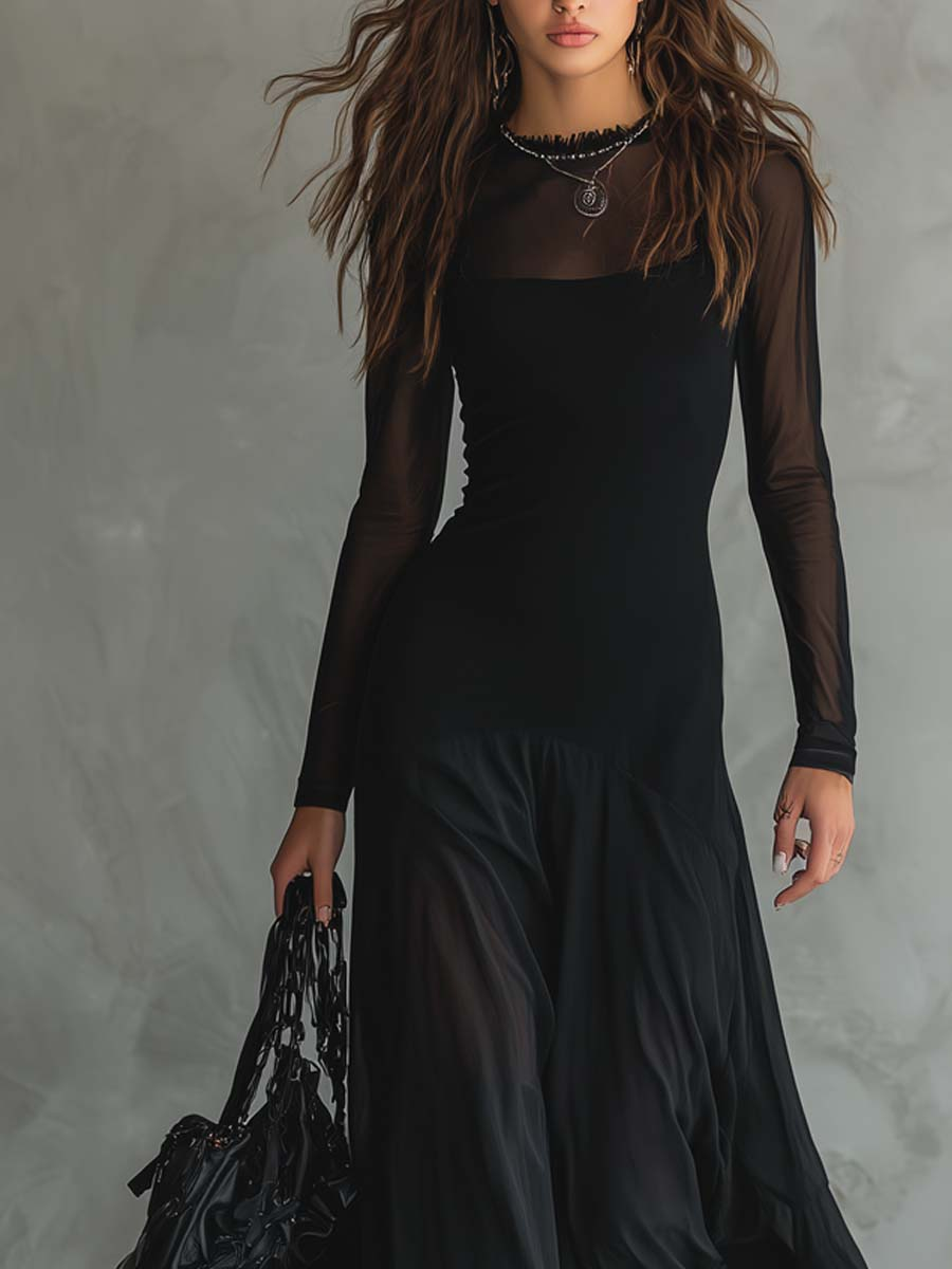 Vestido Maxi de Tul Negro de Corte Holgado