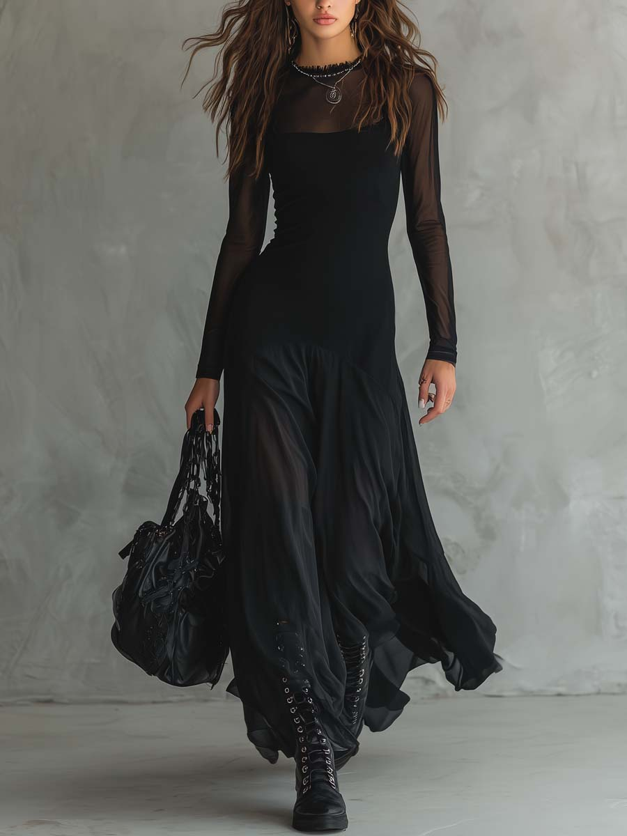 Vestido Maxi de Tul Negro de Corte Holgado