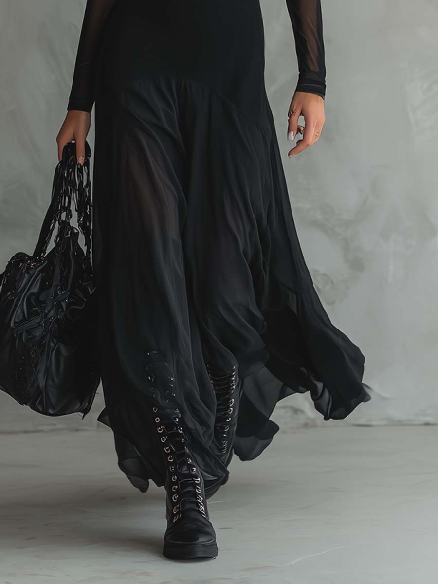 Vestido Maxi de Tul Negro de Corte Holgado