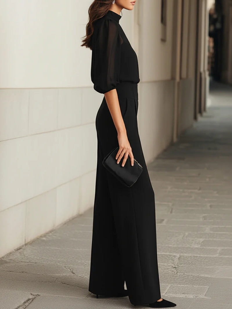 Valentina • Conjunto negro de tres piezas con top camisola transparente y pantalón de pierna ancha