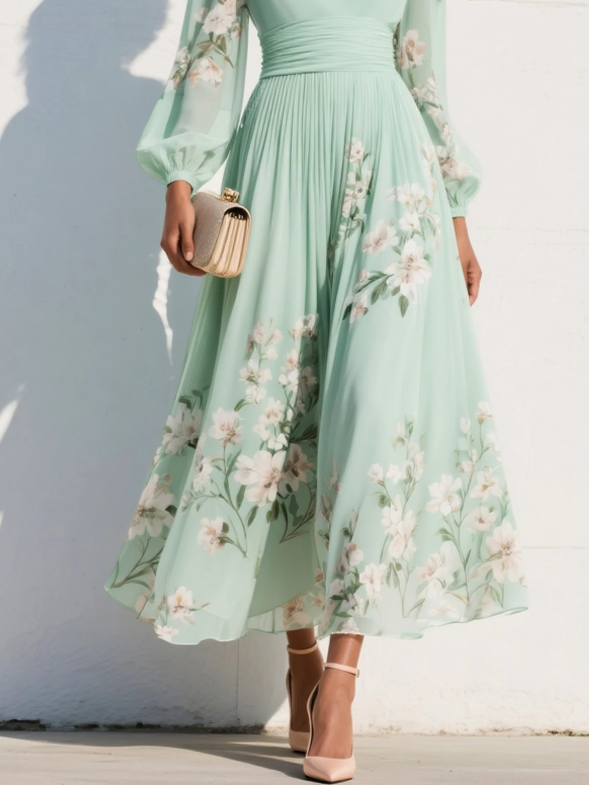 Vestido Maxi Plisado de Chifón Verde Menta con Estampado Floral para Mujer