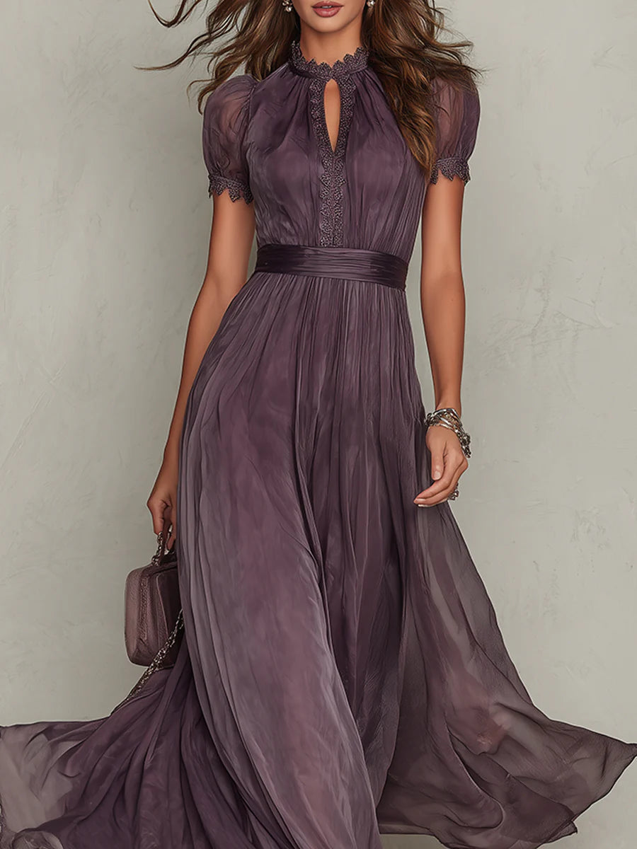 Flavia • Vestido largo violeta con escote en gota y borde de encaje de chifón