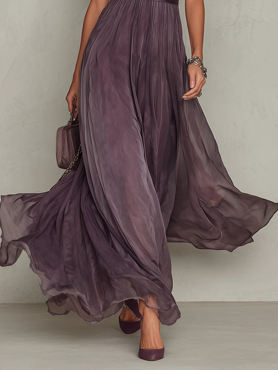 Flavia • Vestido largo violeta con escote en gota y borde de encaje de chifón