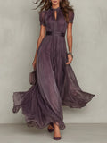 Flavia • Vestido largo violeta con escote en gota y borde de encaje de chifón