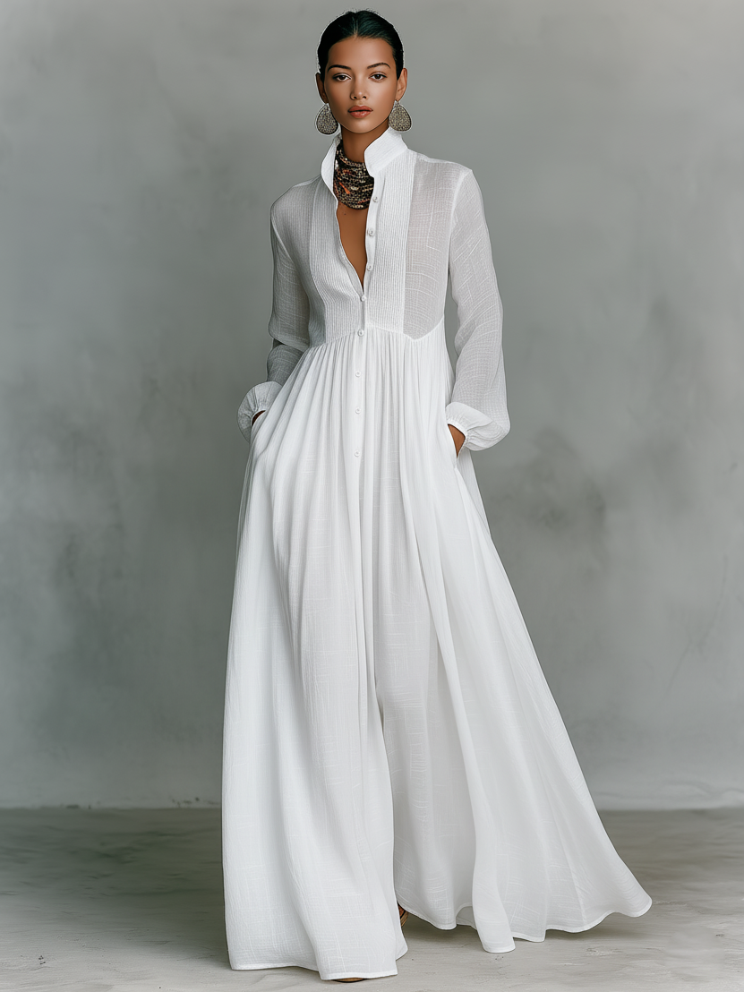 Vestido Maxi Minimalista de Algodón y Lino con Patchwork, Cuello Alto y Mangas Largas