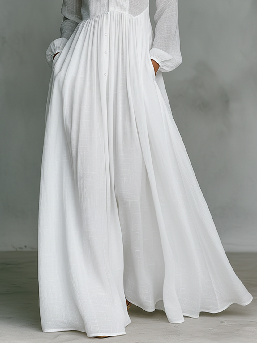 Vestido Maxi Minimalista de Algodón y Lino con Patchwork, Cuello Alto y Mangas Largas